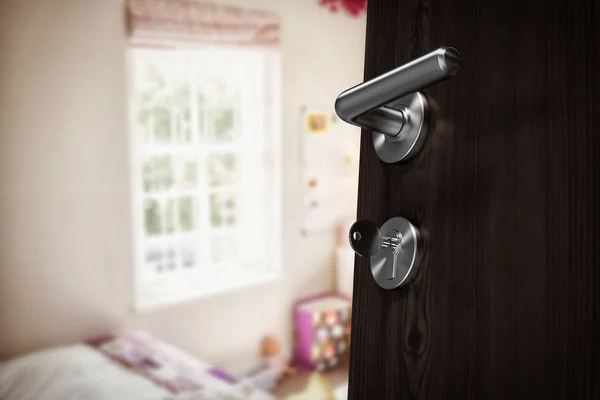 Open door with doorknob and key — Stock Photo, Image