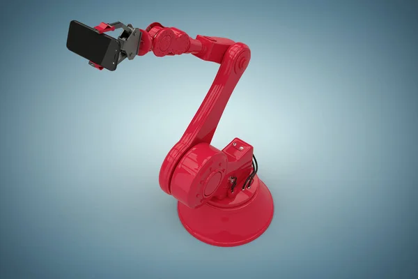Imagem composta de visão de alto ângulo de robô vermelho segurando telefone inteligente 3d — Fotografia de Stock