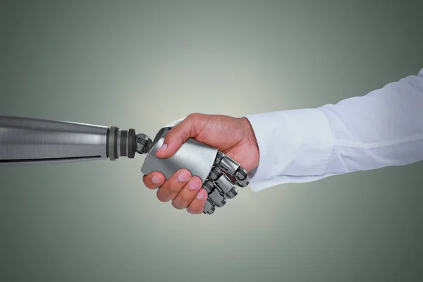 Immagine composita dell'immagine grafica computerizzata dell'uomo d'affari e del robot che stringe la mano — Foto Stock