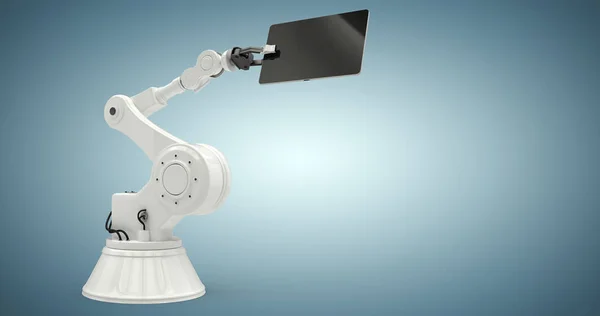 Imagine compozită a tabletei digitale și a robotului pe fundal alb 3d — Fotografie, imagine de stoc