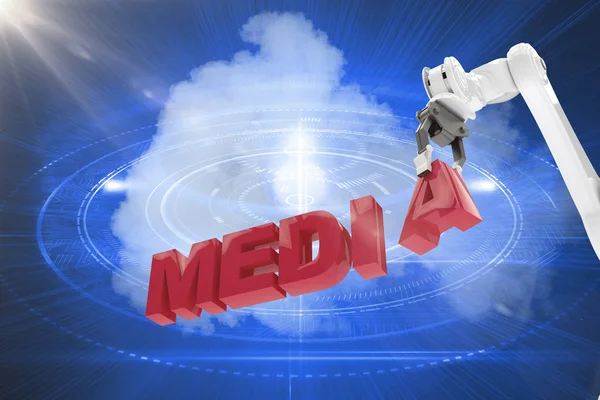 Braço robótico organizando texto de mídia 3d — Fotografia de Stock