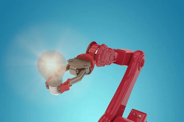红色的机器人手臂抱着灯泡 3d — 图库照片