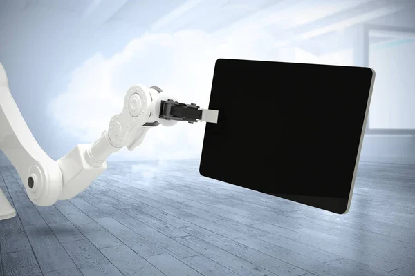 Композиционное изображение робота, держащего цифровой планшет 3d — стоковое фото