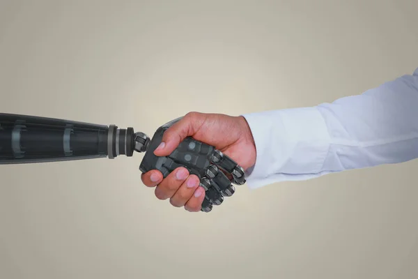 Imagem composta de imagem composta digital de empresário e robô apertando as mãos — Fotografia de Stock