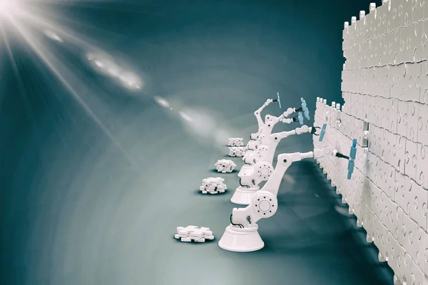 Roboter-Maschinen, die blaues Puzzleteil auf Puzzle setzen 3D — Stockfoto