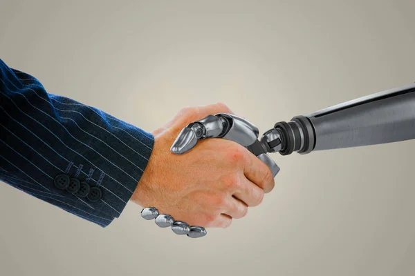 Obraz kompozytowy biznesmen potrząsanie ręką robota — Zdjęcie stockowe