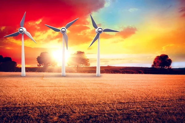 Wind mills against countryside scene 3d — Stock Photo, Image