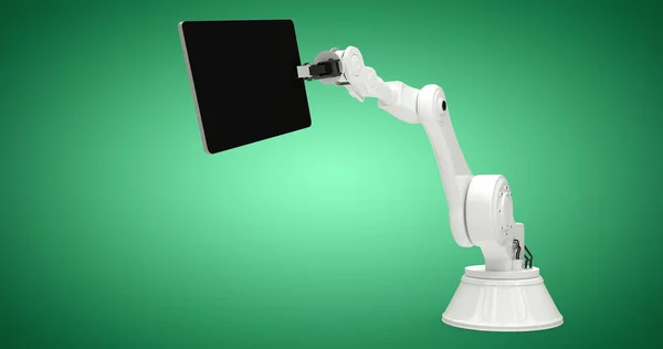 Композитне зображення композитного зображення робота, що тримає цифровий планшет 3d — стокове фото