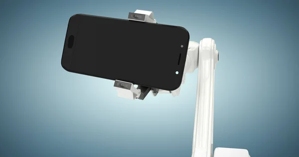Composietbeeld van digitale gegenereerde afbeelding van robot holding slimme telefoon 3d — Stockfoto