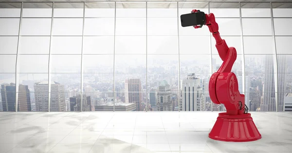 Robot czerwony gospodarstwa telefon — Zdjęcie stockowe