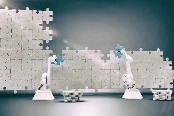 Roboterarme setzen blaues Puzzleteil auf Puzzle 3D — Stockfoto