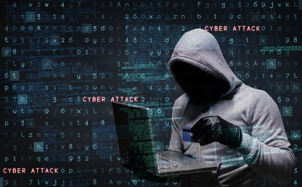 Hacker using laptop to steal identity — Stock Photo, Image