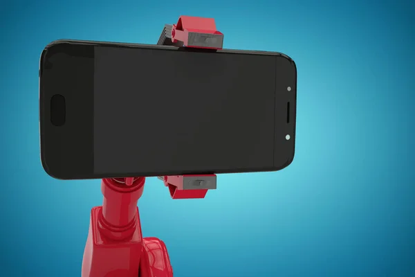 Комическое изображение красного робота, показывающего смартфон 3d — стоковое фото