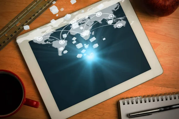 Digitala tablett 3d och abstrakt kub bakgrund 3d — Stockfoto