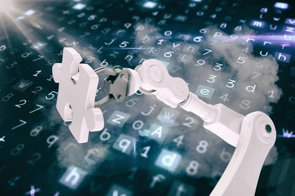 Robô segurando peça de quebra-cabeça 3d — Fotografia de Stock