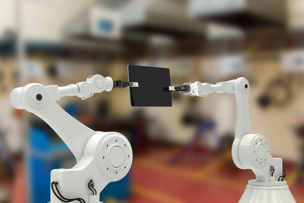 Robots holding computer tablet 3d — Stock Photo, Image