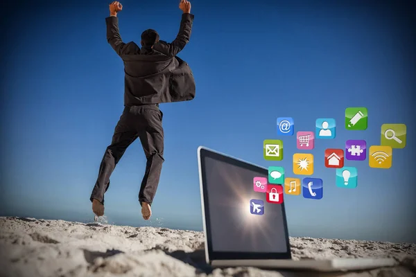 Hombre de negocios saltando dejando su computadora portátil 3d — Foto de Stock