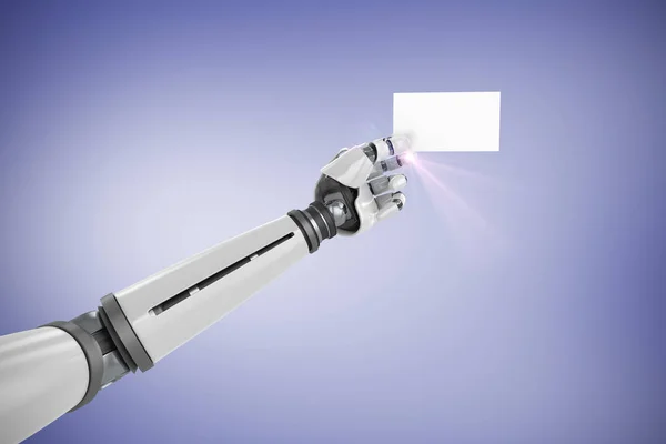 Imagem composta de imagem gráfica do computador de braço robótico branco segurando cartaz 3d — Fotografia de Stock