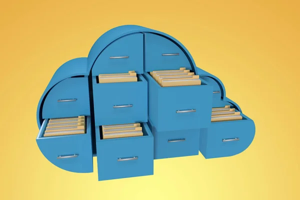 Голубые ящики в форме облаков с папками 3d — стоковое фото
