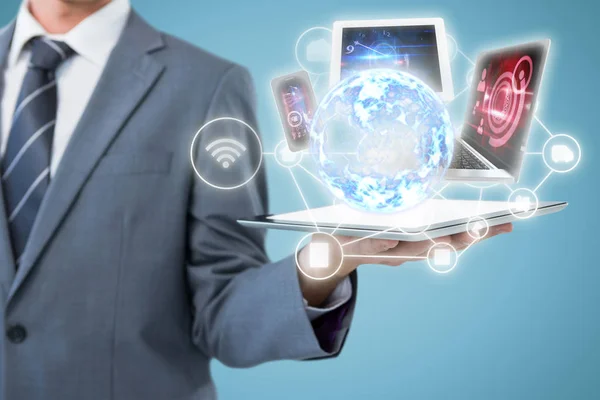 Midsection of businessman holding tablet computer 3d — Stock Photo, Image