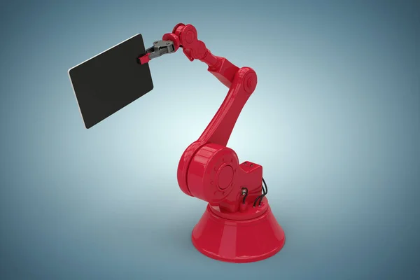 Композитне зображення графічного зображення цифрового планшета, утримуваного червоним роботом 3d — стокове фото