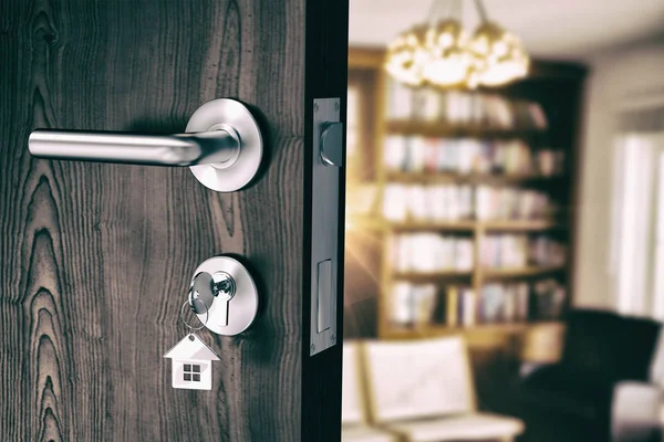 Brown door with house key — Stock Photo, Image