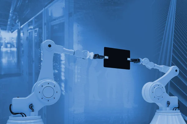 Imagen compuesta de imagen compuesta de robots que sostienen tableta digital 3d — Foto de Stock