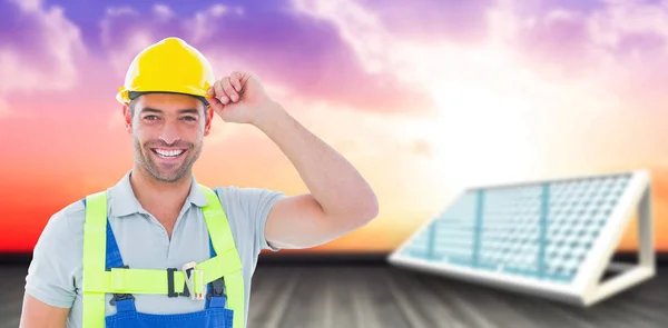 Cheerful workman holding helmet 3d — Stock Photo, Image