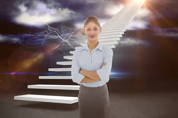 Elegant businesswoman with arms crossed in office 3d — Stock Photo, Image