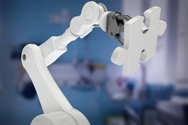 Composietbeeld van digitale Composietbeeld van robot met decoupeerzaag stuk 3d — Stockfoto