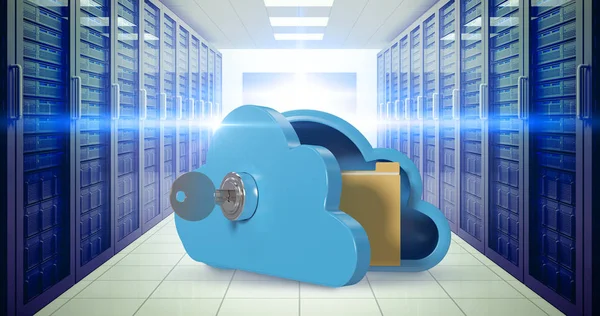 Μπλε ντουλαπιών σε σχήμα σύννεφο με κλειδί και φάκελο 3d — Φωτογραφία Αρχείου