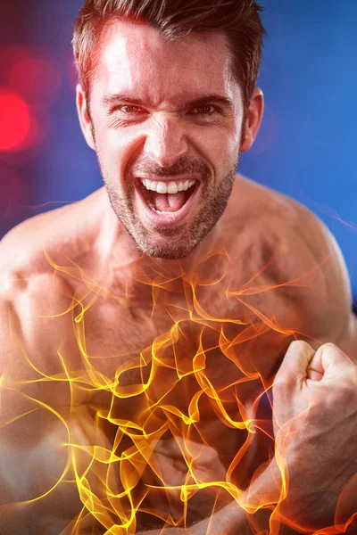 Portrait of cheerful shirtless athlete flexing muscles — Stock Photo, Image