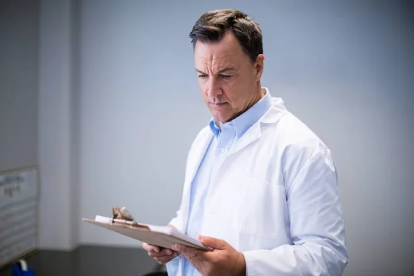 Male doctor reading reports in corridor — Stock Photo, Image