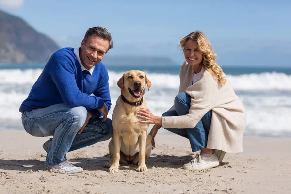 Coppia matura accarezzare il loro cane — Foto Stock