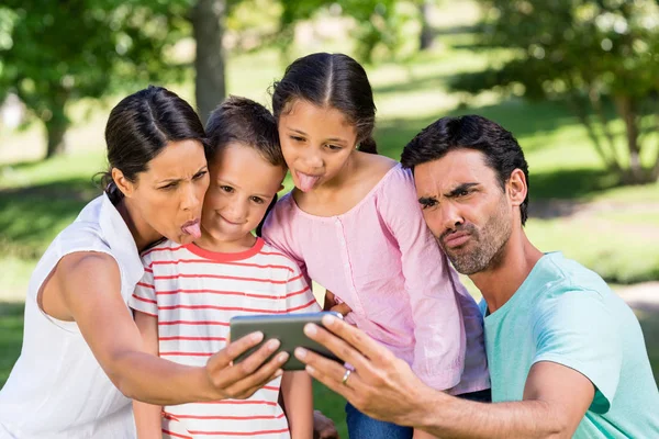 Glückliche Familie macht Selfie vom Handy im Park — Stockfoto