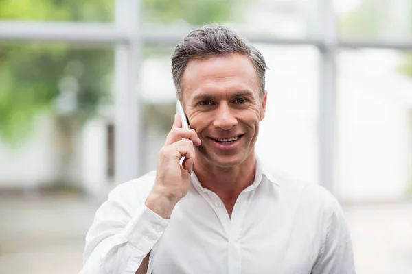 Cep telefonu üzerinde konuşurken iş yürütme — Stok fotoğraf