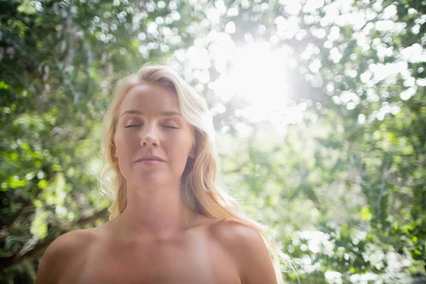 Belle femme méditant contre la lumière du soleil — Photo