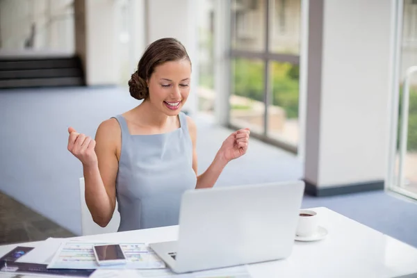 Feliz mujer de negocios utilizando el ordenador portátil en el escritorio —  Fotos de Stock