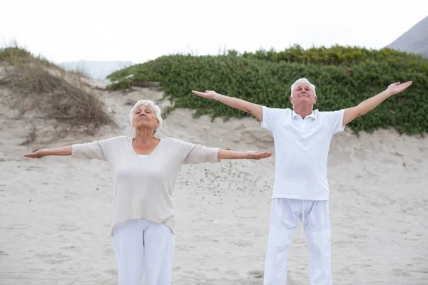 Coppia anziana in piedi con le braccia tese — Foto Stock