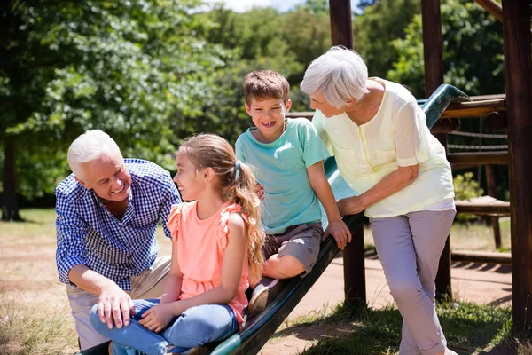 Farföräldrar leka med sina barnbarn i park — Stockfoto