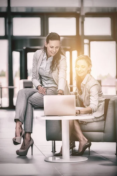 Vrouwelijke ondernemers met behulp van laptop en discussie — Stockfoto