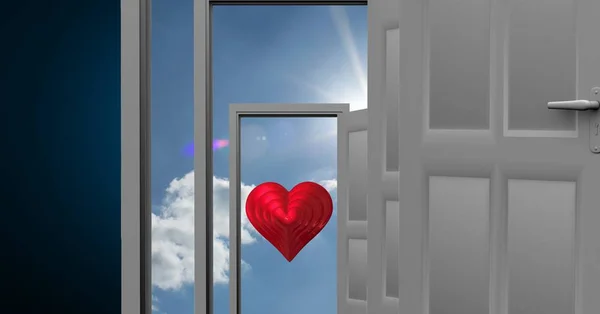 Open deuren naar hemel met rood hart vorm — Stockfoto