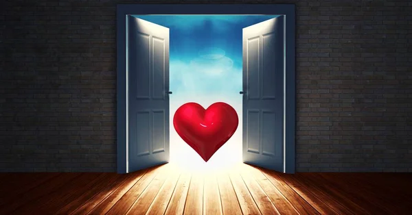 Open door to sky with red heart shape — Stock Photo, Image