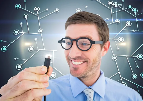 Nerd man holding cable with flare — Stock Photo, Image