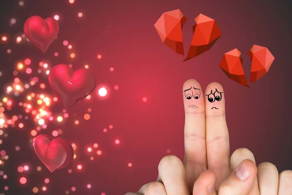 Sorgliga finger par med röda brustet hjärta — Stockfoto