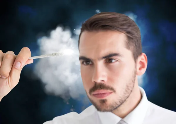 Man connecting cable to the cloud — Stock Photo, Image