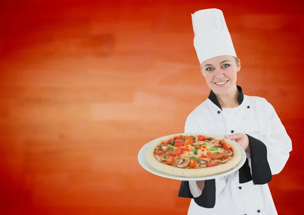 Chef met een dienblad pizza — Stockfoto