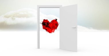 Open door to sky with red heart shape clipart