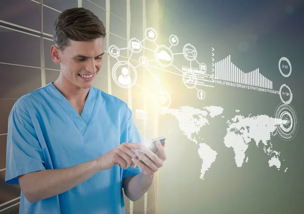 Doctor using mobile phone with icons — Stock Photo, Image