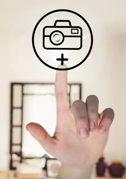 Hand aanraken van foto camera-pictogram — Stockfoto